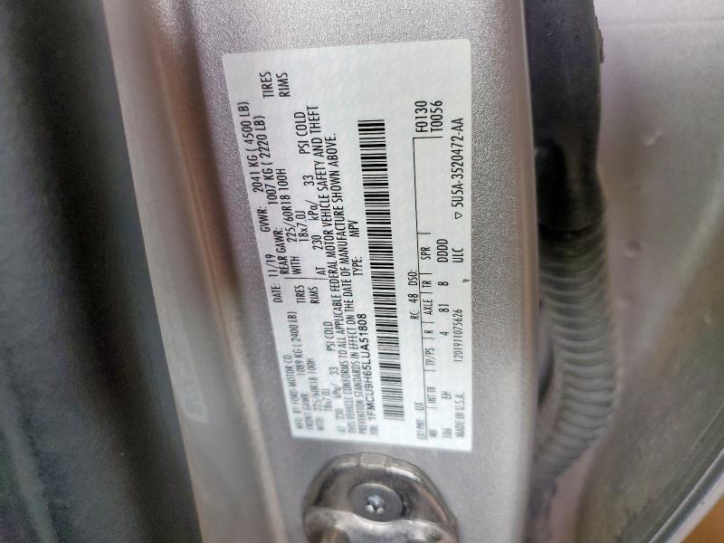 2020 Ford Escape მანქანა იყიდება აუქციონზე, vin: 1FMCU9H65LUA51808, აუქციონის ნომერი: 60834705