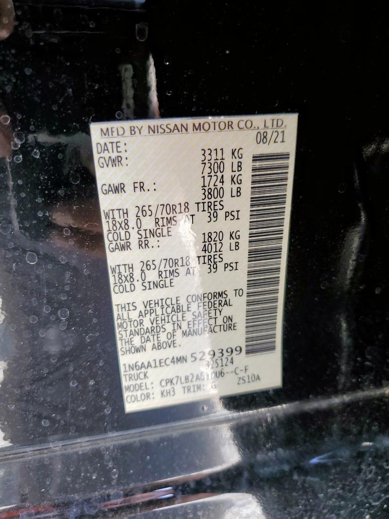 2021 Nissan Titan S მანქანა იყიდება აუქციონზე, vin: 1N6AA1EC4MN529399, აუქციონის ნომერი: 59486455