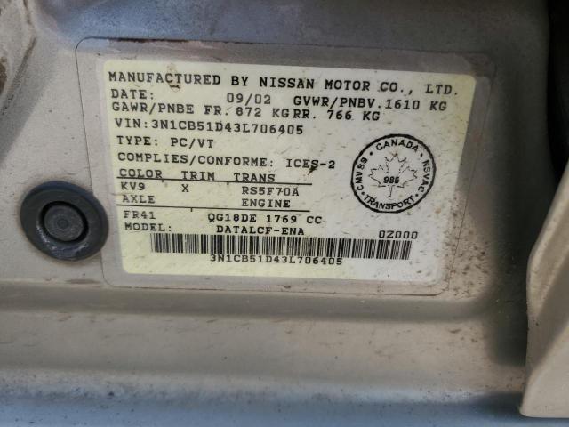 62495285 :رقم المزاد ، 3N1CB51D43L706405 vin ، 2003 Nissan Sentra مزاد بيع