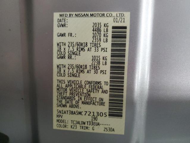 61984225 :رقم المزاد ، 5N1AT3BA5MC721305 vin ، 2021 Nissan Rogue Sv مزاد بيع