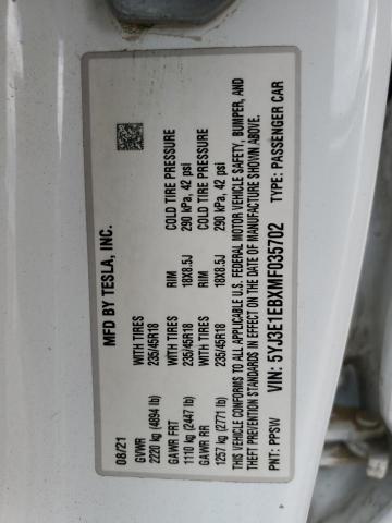 Aukcja sprzedaży 2021 Tesla Model 3, vin: 5YJ3E1EBXMF035702, numer aukcji: 60672275
