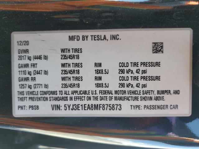 60065665 :رقم المزاد ، 5YJ3E1EA8MF875873 vin ، 2021 Tesla Model 3 مزاد بيع