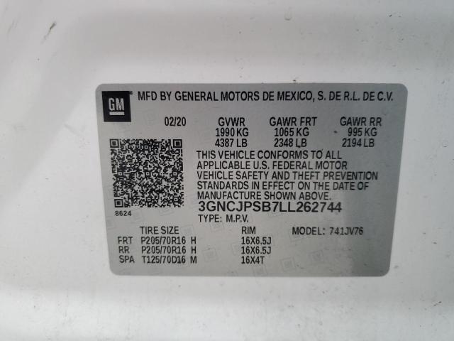Продажа на аукционе авто 2020 Chevrolet Trax 1lt, vin: 3GNCJPSB7LL262744, номер лота: 59508605