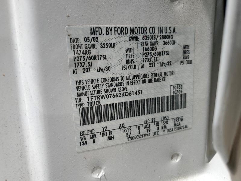 Продажа на аукционе авто 2002 Ford F150, vin: 1FTRW07662KD61451, номер лота: 62173525