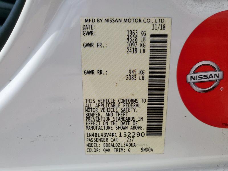 61025885 :رقم المزاد ، 1N4BL4BV4KC152290 vin ، 2019 Nissan Altima S مزاد بيع