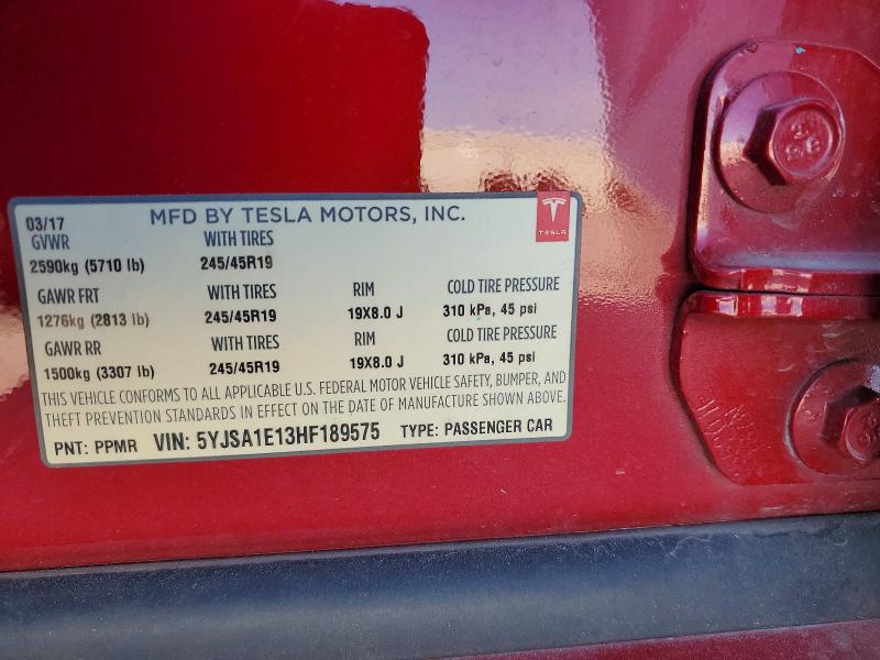 2017 Tesla Model S მანქანა იყიდება აუქციონზე, vin: 5YJSA1E13HF189575, აუქციონის ნომერი: 55036566