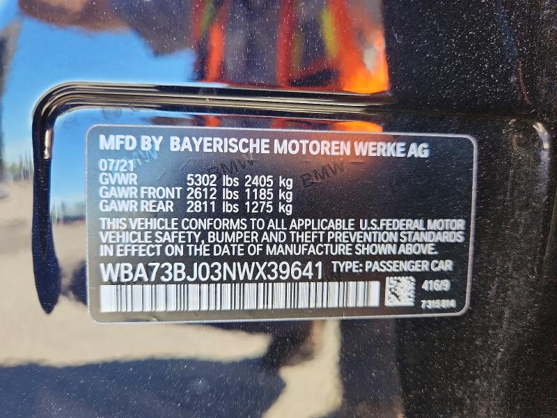 2022 Bmw 540 მანქანა იყიდება აუქციონზე, vin: WBA73BJ03NWX39641, აუქციონის ნომერი: 57274666