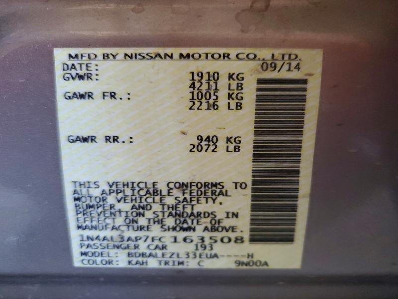 2015 Nissan Altima მანქანა იყიდება აუქციონზე, vin: 1N4AL3AP7FC163508, აუქციონის ნომერი: 55474226