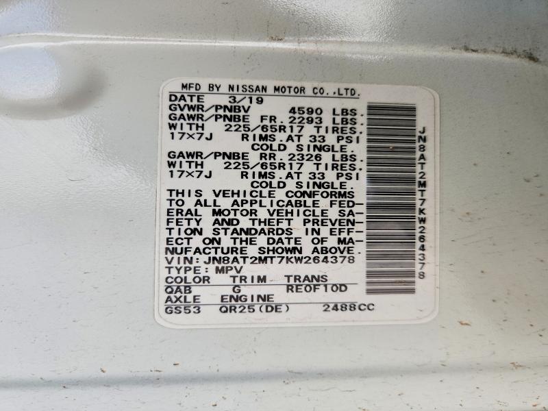 2019 Nissan Rogue მანქანა იყიდება აუქციონზე, vin: JN8AT2MT7KW264378, აუქციონის ნომერი: 57670536