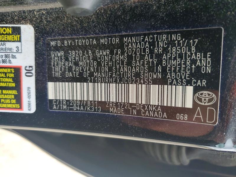 2018 Toyota Corolla მანქანა იყიდება აუქციონზე, vin: 2T1BURHEXJC023455, აუქციონის ნომერი: 56060416