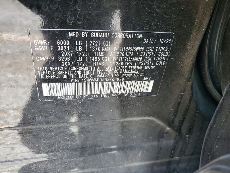 85448705 :رقم المزاد ، 4S4WMARD3N3402929 vin ، 2022 Subaru Ascent مزاد بيع