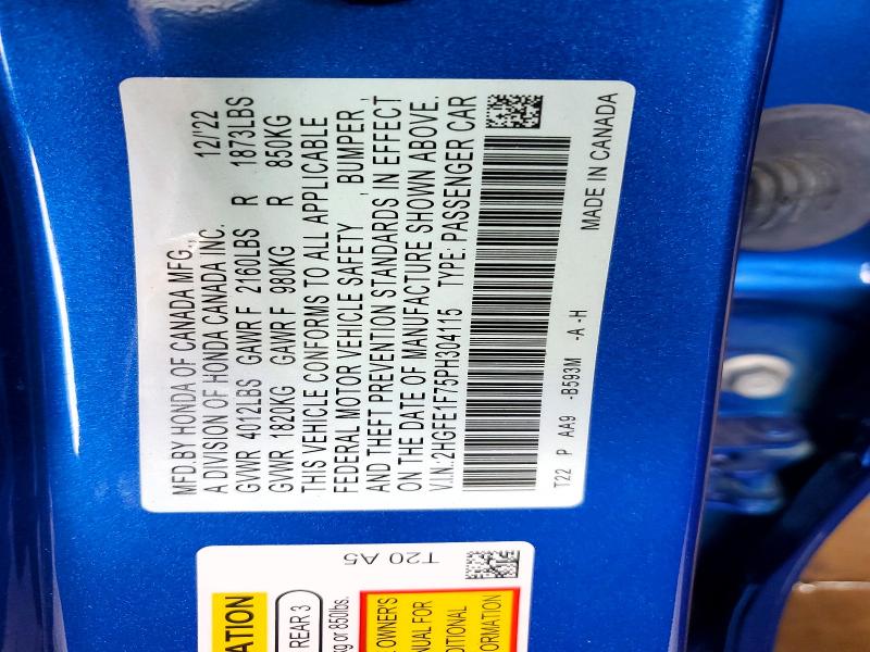 Продаж на аукціоні авто 2023 Honda Civic, vin: 2HGFE1F75PH304115, номер лоту: 56616296
