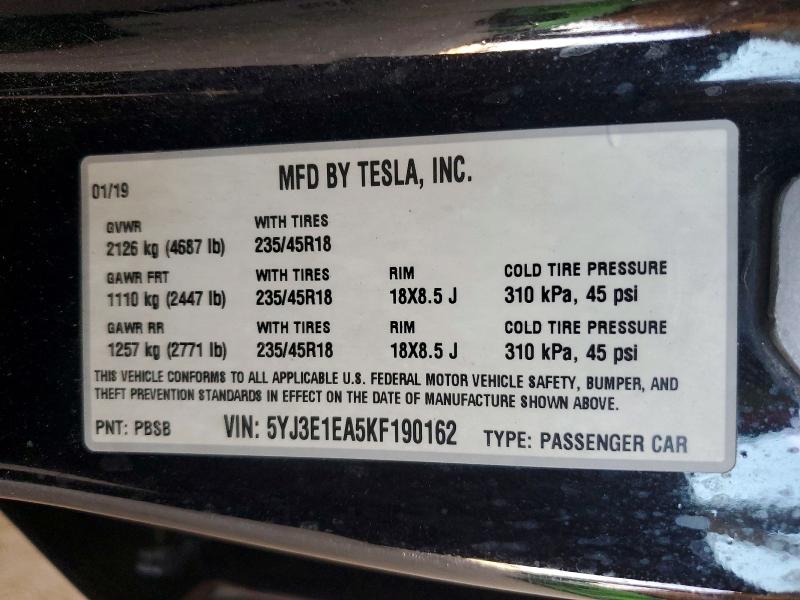 2019 Tesla Model 3 მანქანა იყიდება აუქციონზე, vin: 5YJ3E1EA5KF190162, აუქციონის ნომერი: 56295066