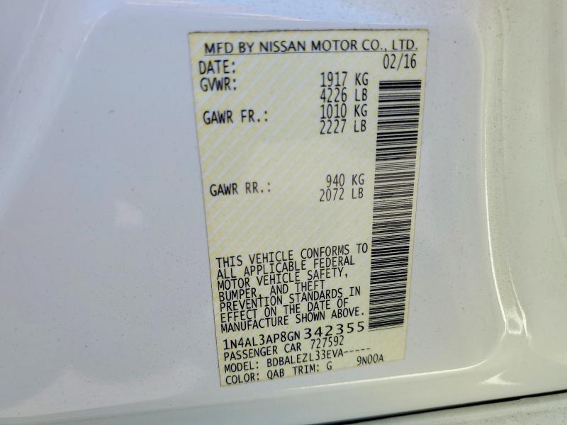57597786 :رقم المزاد ، 1N4AL3AP8GN342355 vin ، 2016 Nissan Altima مزاد بيع
