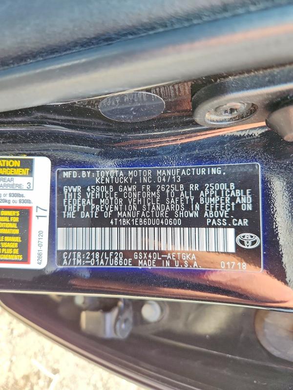 57719806 :رقم المزاد ، 4T1BK1EB6DU040600 vin ، 2013 Toyota Avalon مزاد بيع