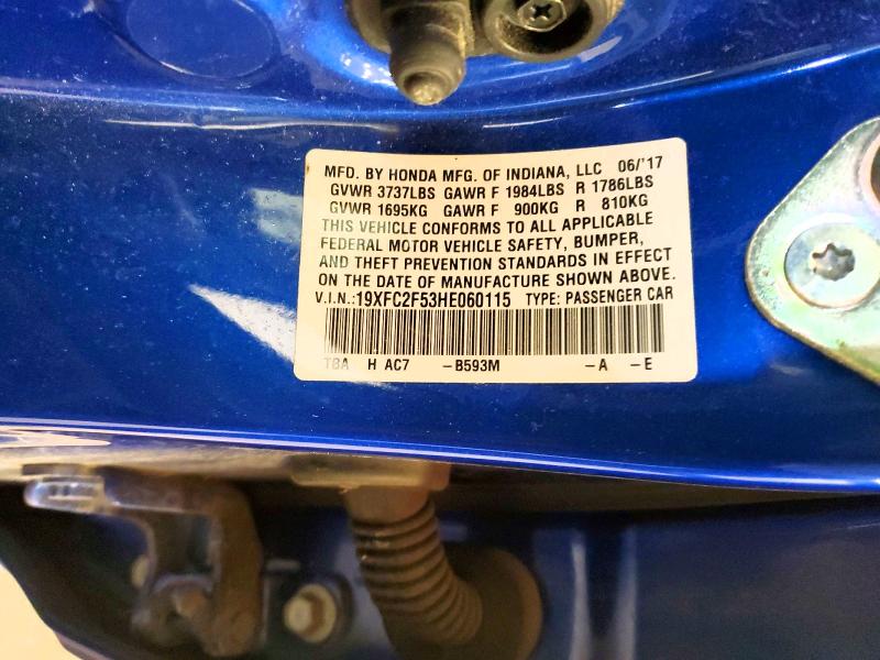 2017 Honda Civic მანქანა იყიდება აუქციონზე, vin: 19XFC2F53HE060115, აუქციონის ნომერი: 55733226