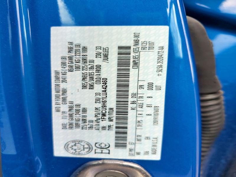 2020 Ford Escape მანქანა იყიდება აუქციონზე, vin: 1FMCU9H61LUA42460, აუქციონის ნომერი: 59090646