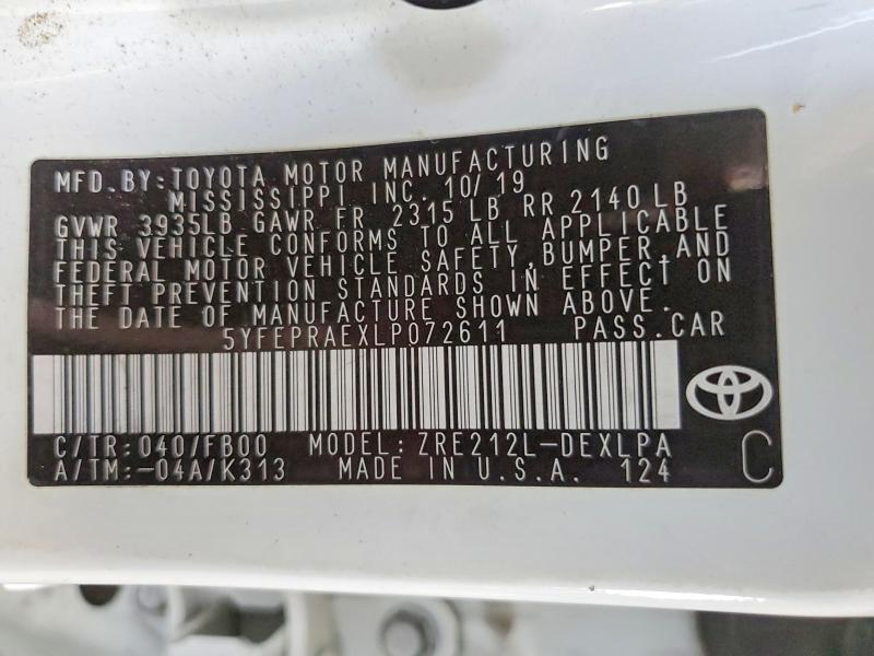 Продаж на аукціоні авто 2020 Toyota Corolla, vin: 5YFEPRAEXLP072611, номер лоту: 50255206