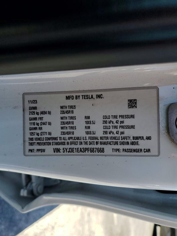 Продажа на аукционе авто 2023 Tesla Model 3, vin: 5YJ3E1EA3PF687668, номер лота: 58732966