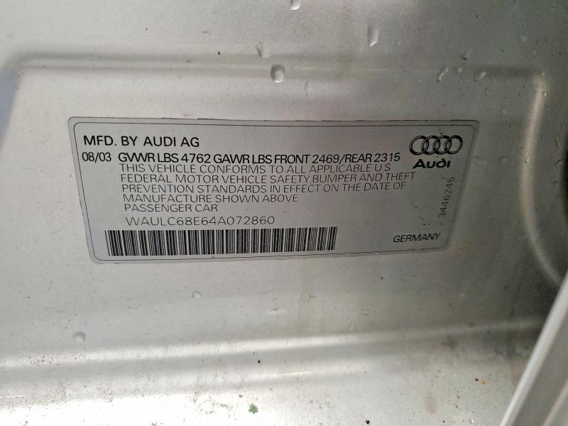Aukcja sprzedaży 2004 Audi A4, vin: WAULC68E64A072860, numer aukcji: 57697096