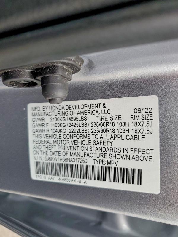 Aukcja sprzedaży 2022 Honda Cr-v, vin: 5J6RW1H58NA017250, numer aukcji: 57761026