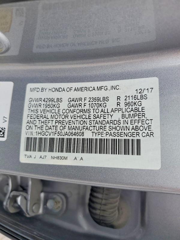 Продаж на аукціоні авто 2018 Honda Accord, vin: 1HGCV1F50JA064608, номер лоту: 56752636