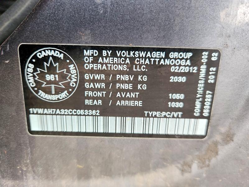 Aukcja sprzedaży 2012 Volkswagen Passat, vin: 1VWAH7A32CC053362, numer aukcji: 58069616