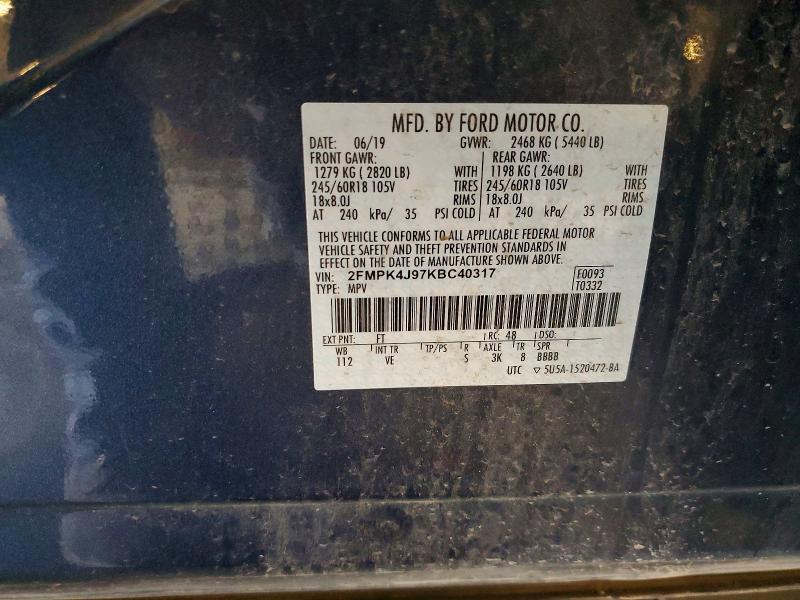 2019 Ford Edge მანქანა იყიდება აუქციონზე, vin: 2FMPK4J97KBC40317, აუქციონის ნომერი: 55333506