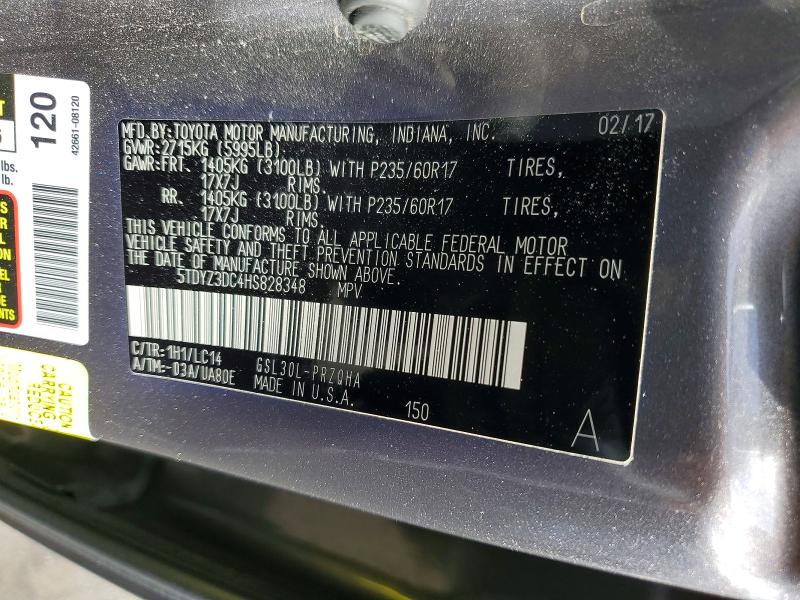 54821296 :رقم المزاد ، 5TDYZ3DC4HS828348 vin ، 2017 Toyota Sienna مزاد بيع