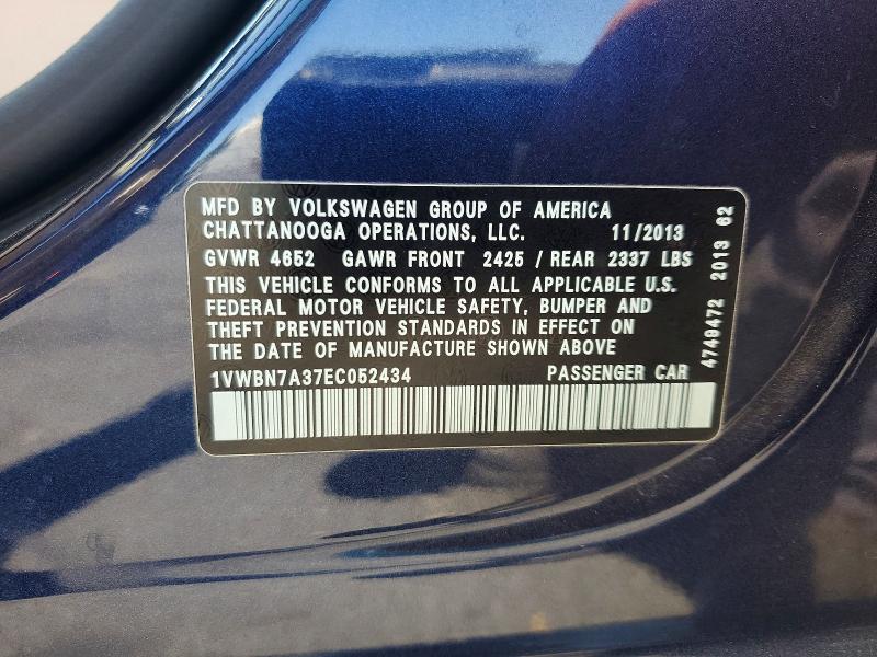 58267176 :رقم المزاد ، 1VWBN7A37EC052434 vin ، 2014 Volkswagen Passat مزاد بيع