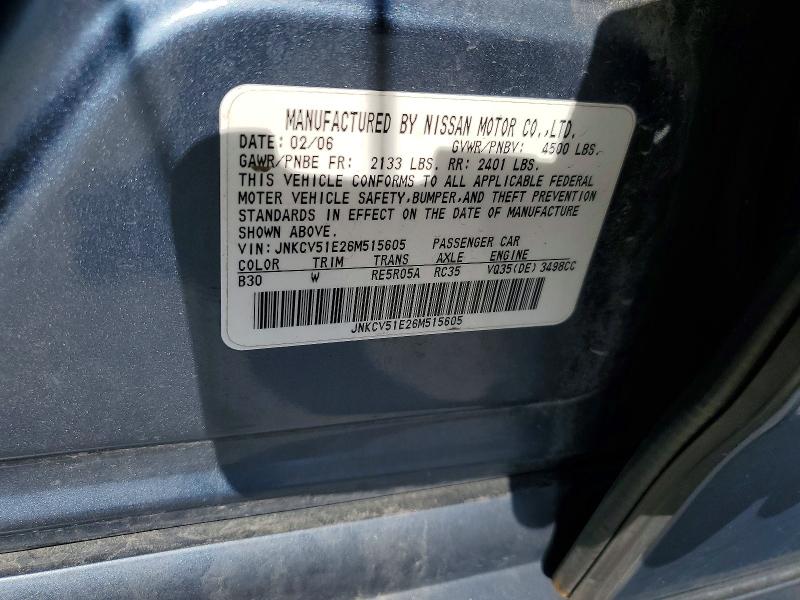 2006 Infiniti G35 მანქანა იყიდება აუქციონზე, vin: JNKCV51E26M515605, აუქციონის ნომერი: 57945516
