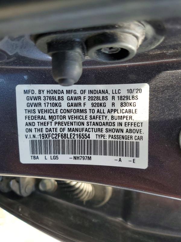Auction sale of the 2020 Honda Civic, vin: 19XFC2F68LE216554, lot number: 58458446