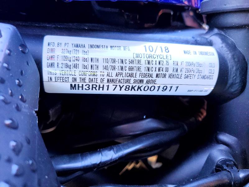 56582476 :رقم المزاد ، MH3RH17Y8KK001911 vin ، 2019 Yamaha Yzfr3 مزاد بيع