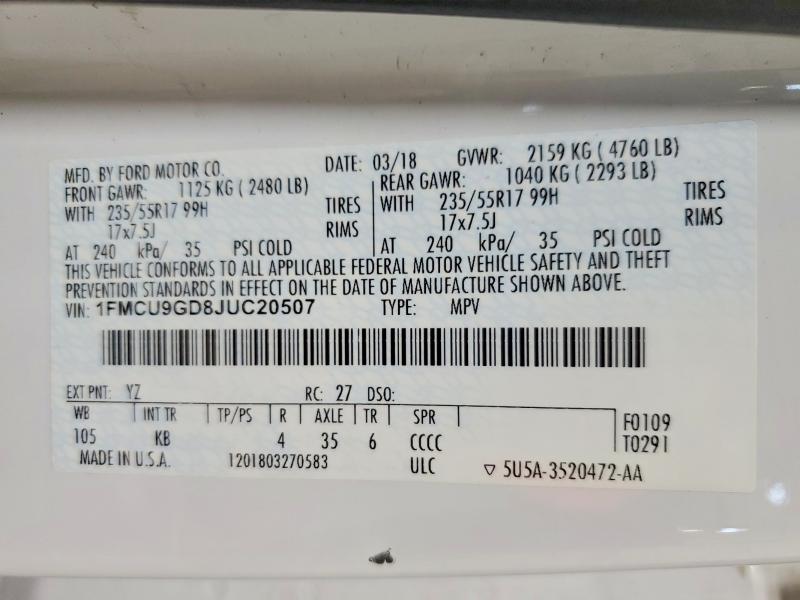 Aukcja sprzedaży 2018 Ford Escape, vin: 1FMCU9GD8JUC20507, numer aukcji: 56642386