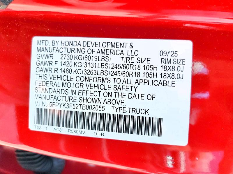 Aukcja sprzedaży 2026 Honda Ridgeline, vin: 5FPYK3F52TB002055, numer aukcji: 59093796