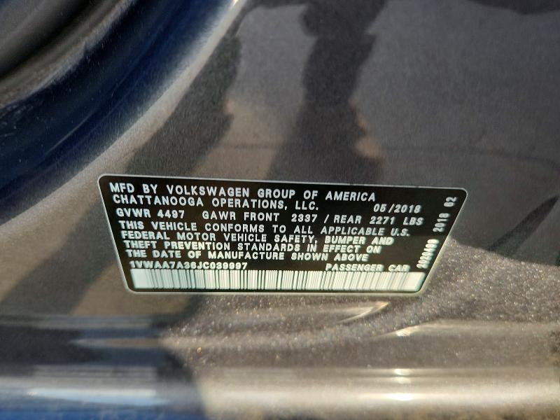 Продажа на аукционе авто 2018 Volkswagen Passat, vin: 1VWAA7A36JC039997, номер лота: 55868346