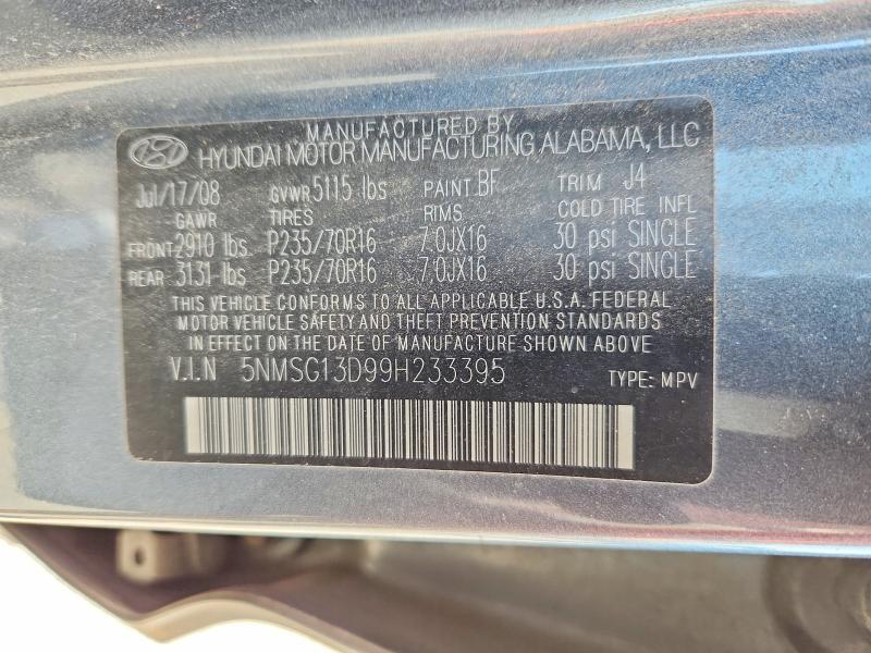 2009 Hyundai Santa Fe მანქანა იყიდება აუქციონზე, vin: 5NMSG13D99H233395, აუქციონის ნომერი: 59076186