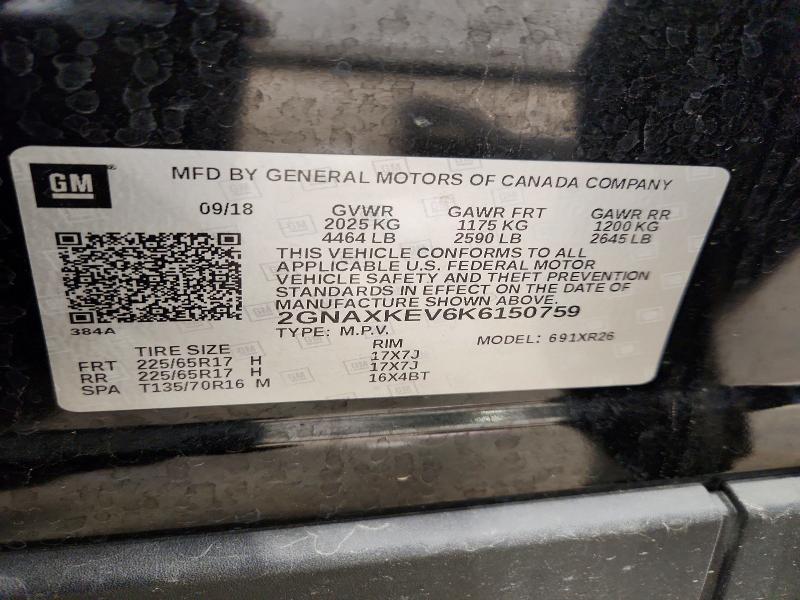 Aukcja sprzedaży 2019 Chevrolet Equinox, vin: 2GNAXKEV6K6150759, numer aukcji: 57671396