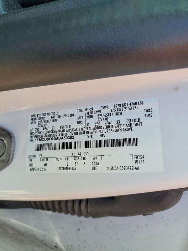 2021 Ford Escape მანქანა იყიდება აუქციონზე, vin: 1FMCU0F61MUA50302, აუქციონის ნომერი: 57555886