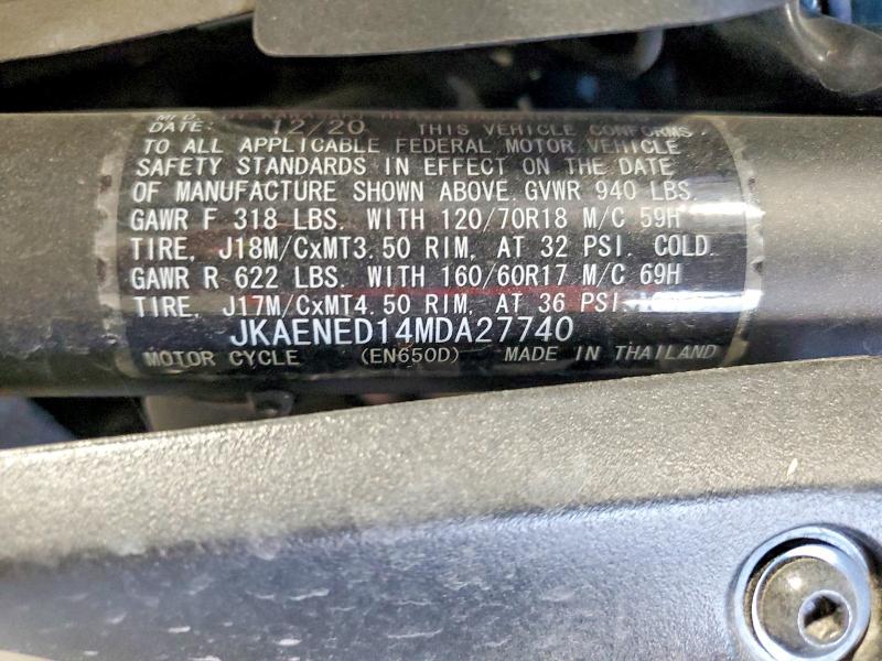 57415266 :رقم المزاد ، JKAENED14MDA27740 vin ، 2021 Kawasaki En650 مزاد بيع