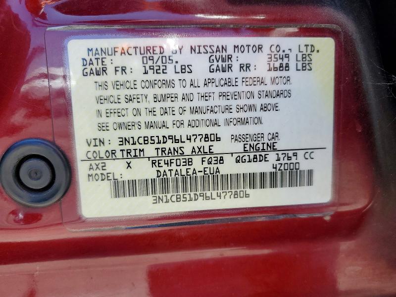Aukcja sprzedaży 2006 Nissan Sentra, vin: 3N1CB51D96L477806, numer aukcji: 57255716