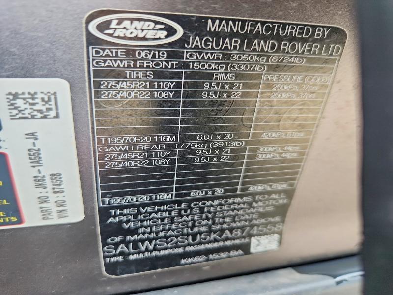 Продажа на аукционе авто 2019 Land Rover Range Rover Sport, vin: SALWS2SU5KA874558, номер лота: 51146396