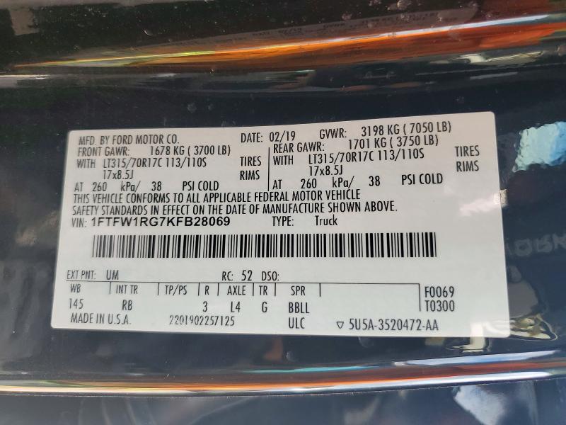 2019 Ford F150 მანქანა იყიდება აუქციონზე, vin: 1FTFW1RG7KFB28069, აუქციონის ნომერი: 55778836
