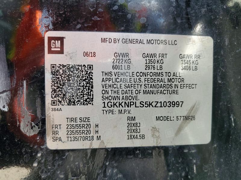57072776 :رقم المزاد ، 1GKKNPLS5KZ103997 vin ، 2019 Gmc Acadia مزاد بيع