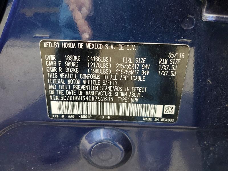 Продажа на аукционе авто 2016 Honda Hr-v, vin: 3CZRU6H34GM752685, номер лота: 56276306