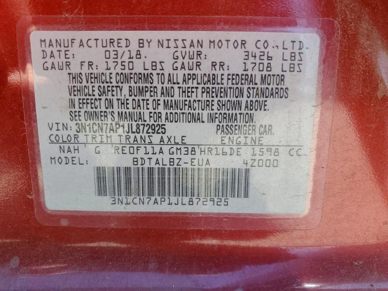 Aukcja sprzedaży 2018 Nissan Versa, vin: 3N1CN7AP1JL872925, numer aukcji: 57069716