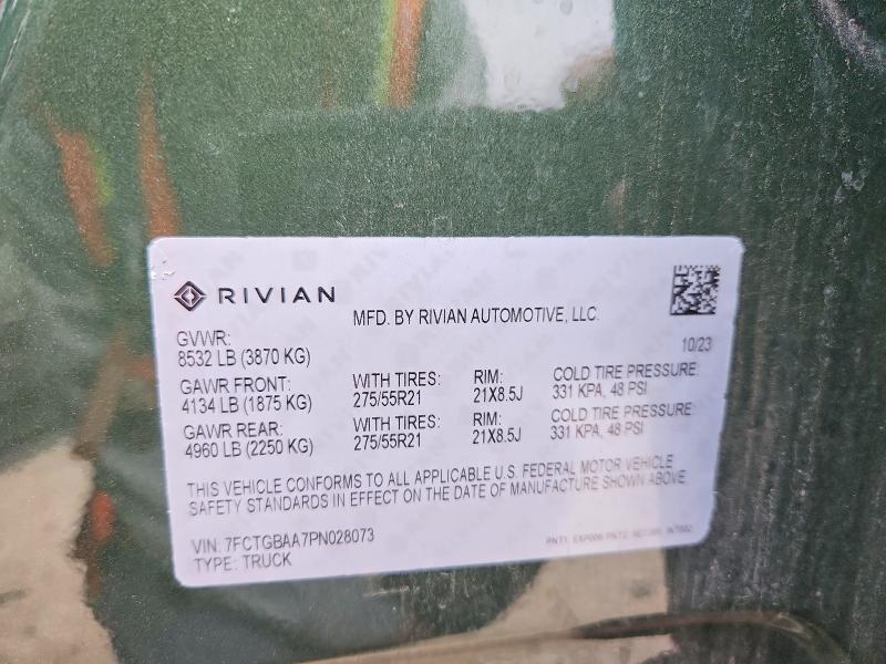 2023 Rivian R1t მანქანა იყიდება აუქციონზე, vin: 7FCTGBAA7PN028073, აუქციონის ნომერი: 55439736