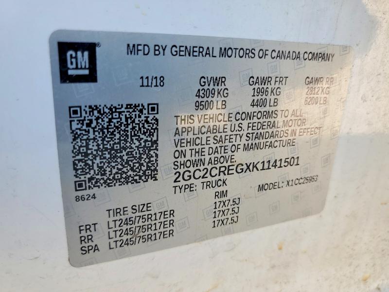 2019 Chevrolet Silverado მანქანა იყიდება აუქციონზე, vin: 2GC2CREGXK1141501, აუქციონის ნომერი: 57920896