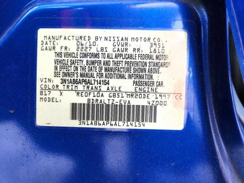 2010 Nissan Sentra მანქანა იყიდება აუქციონზე, vin: 3N1AB6AP6AL714154, აუქციონის ნომერი: 58191116