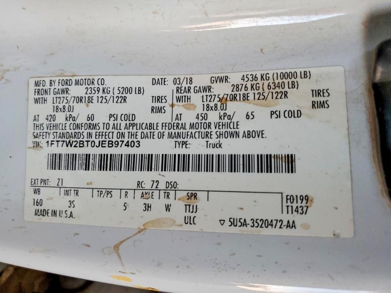 57970556 :رقم المزاد ، 1FT7W2BT0JEB97403 vin ، 2018 Ford F250 مزاد بيع